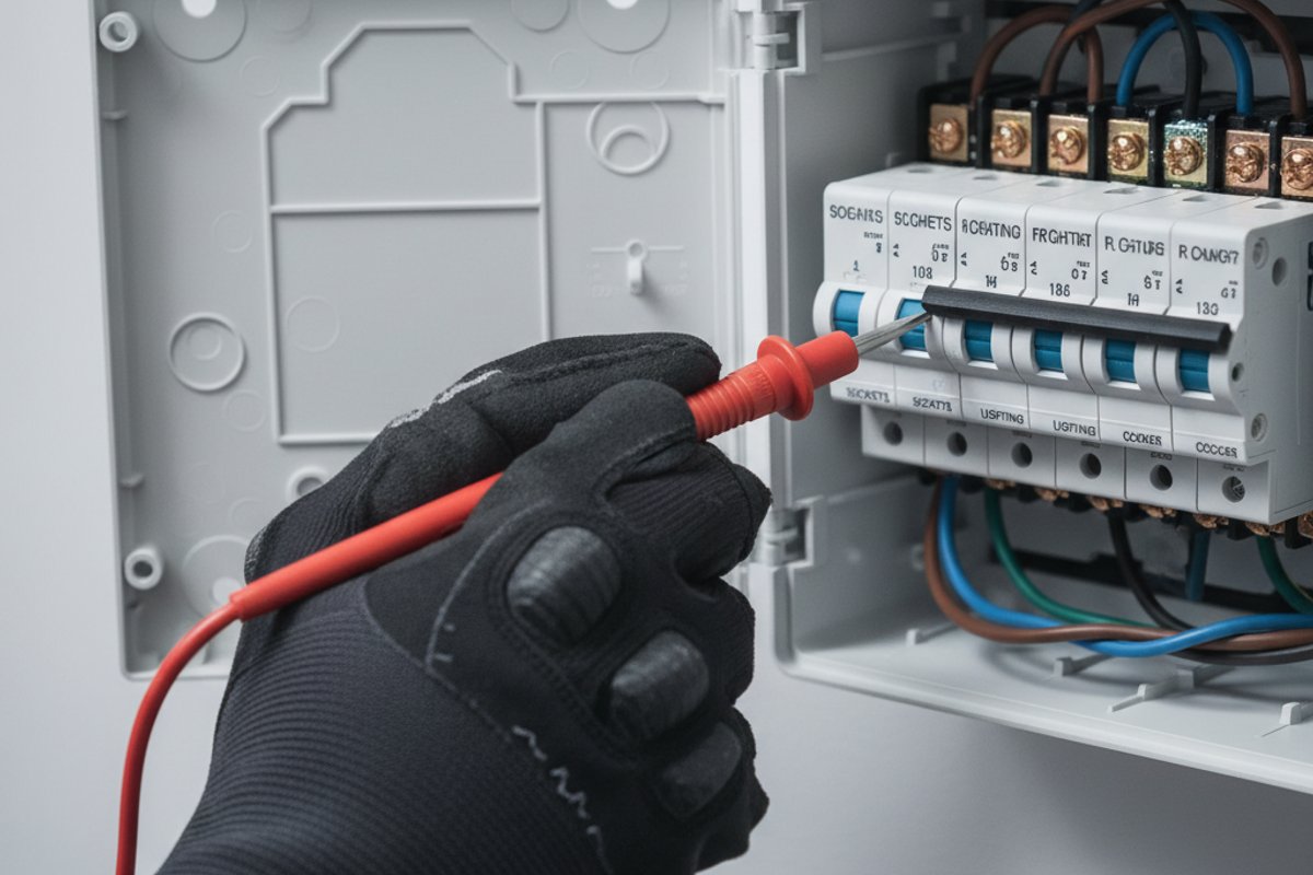 Close-up documentary photograph of a UK electrician's gloved hand holding a multifunction tester (MFT) probe against an