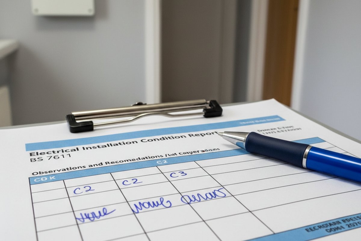 Close-up documentary photograph of a printed UK EICR form (Electrical Installation Condition Report) on a clipboard, par