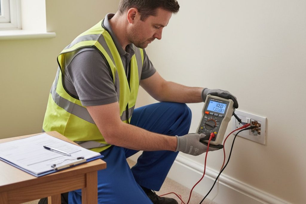 A realistic, neutral-toned documentary photograph of a UK electrician in plain workwear carrying out an EICR inspection