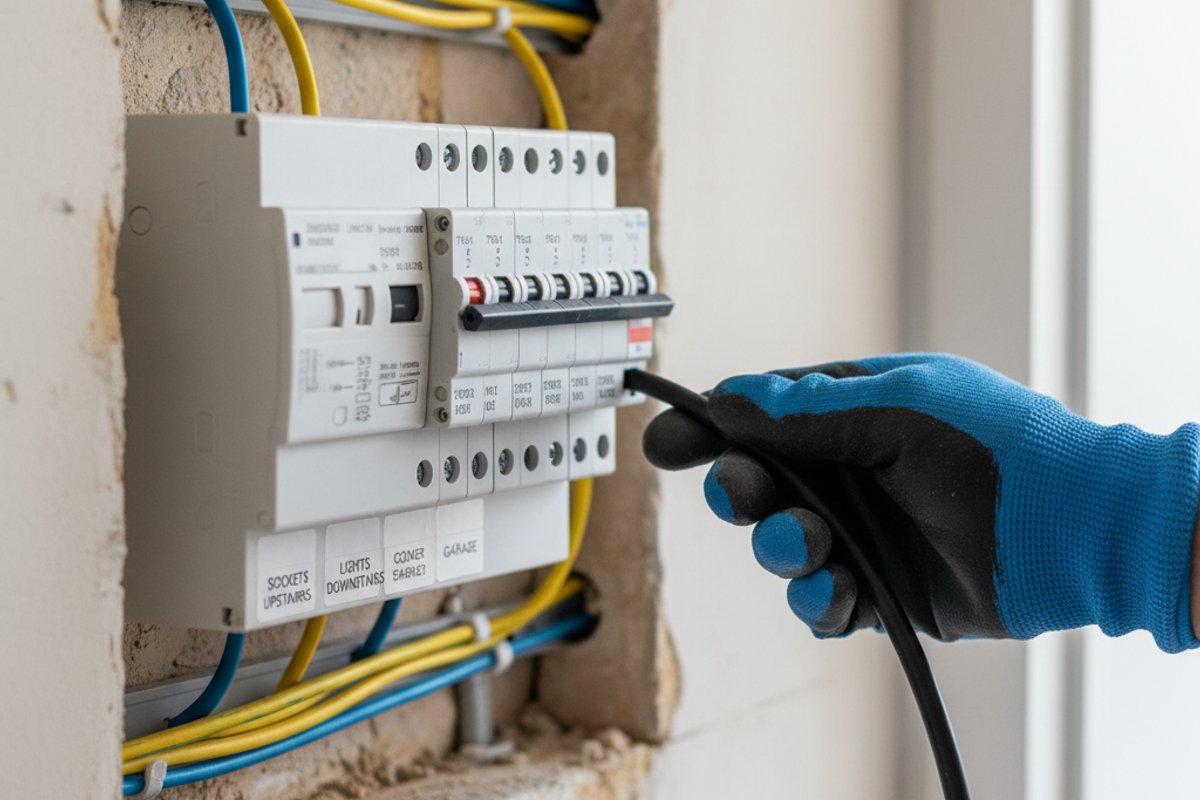 Close-up of a modern UK consumer unit being wired in a domestic hallway