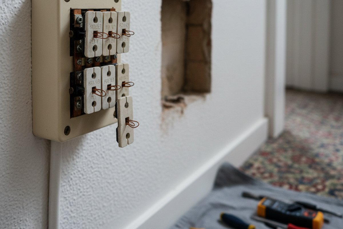 Close-up documentary photograph of an old UK wylex-style fuse board in a domestic hallway, with rewirable fuse cards vis
