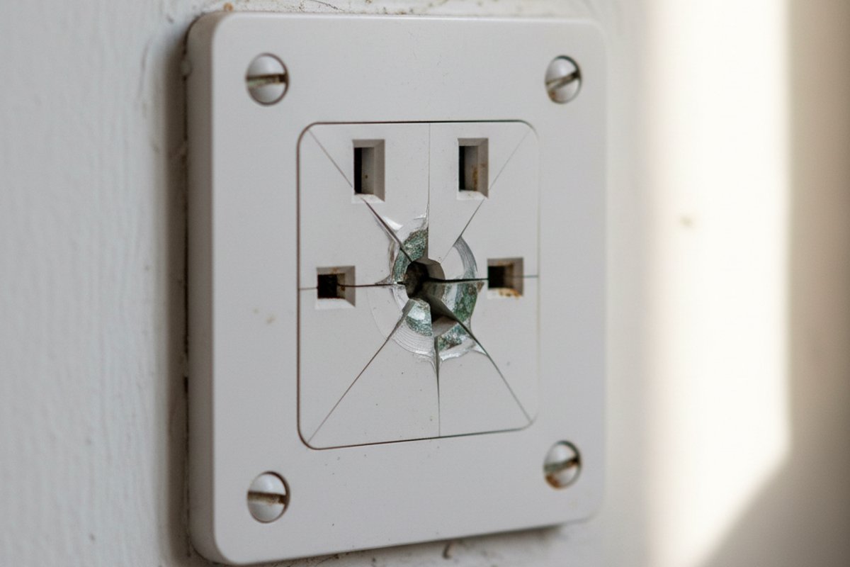 Close-up of a damaged UK three-pin socket on a wall, faceplate cracked, the metal of the contact terminal just visible i
