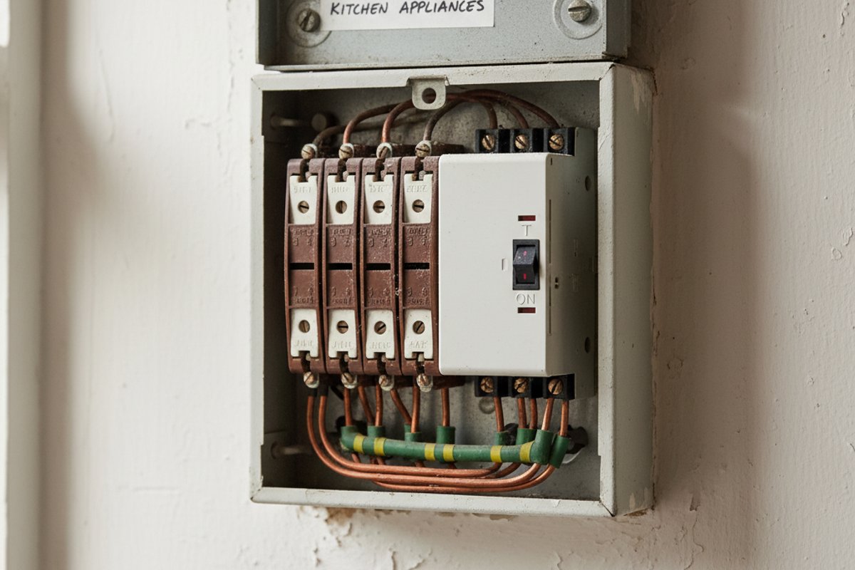 An older UK consumer unit on a domestic interior wall, mix of installation eras visible: a row of original wylex-style r