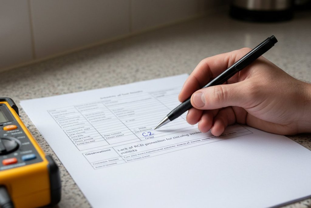 A printed UK EICR (Electrical Installation Condition Report) on A4 paper, schedule of test results page open, an electri