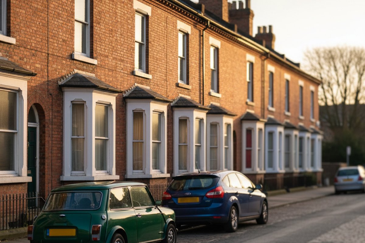 A row of British terraced houses on a Liverpool street, brick fronts, sash windows, slate roofs, a couple of cars parked