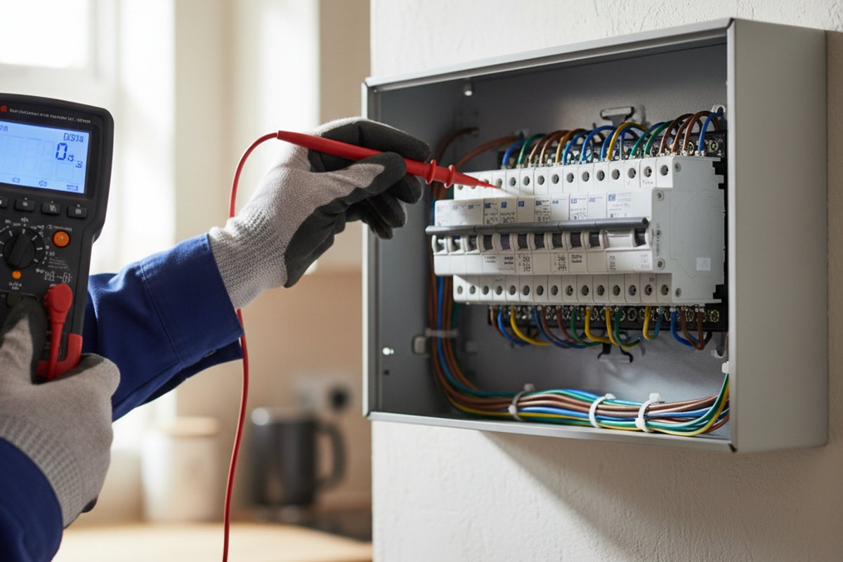 An electrician's hand using a multifunction tester (MFT) probe on a UK consumer unit RCBO