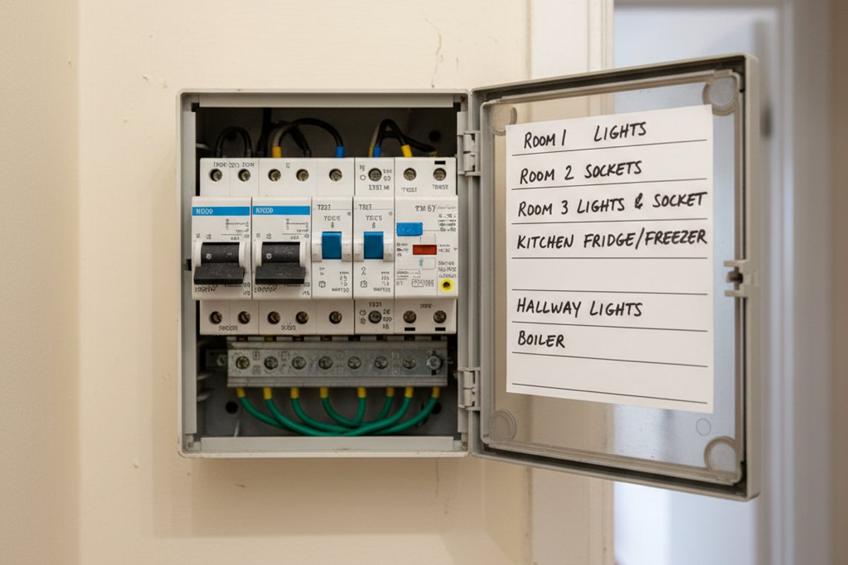 Close-up of an HMO consumer unit on a wall in a shared kitchen or hallway