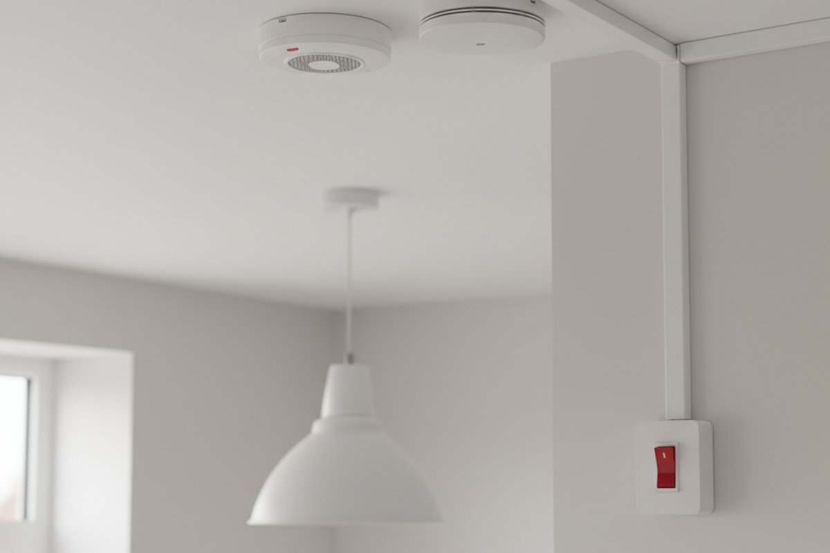 An interlinked smoke alarm and heat alarm fitted to the ceiling of a shared HMO kitchen, neat surface-mounted cabling, a