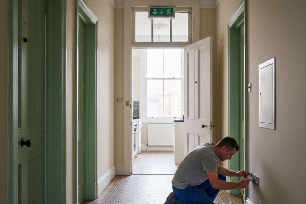 A multi-bedroom UK HMO interior corridor or shared landing in a Liverpool Victorian terrace conversion