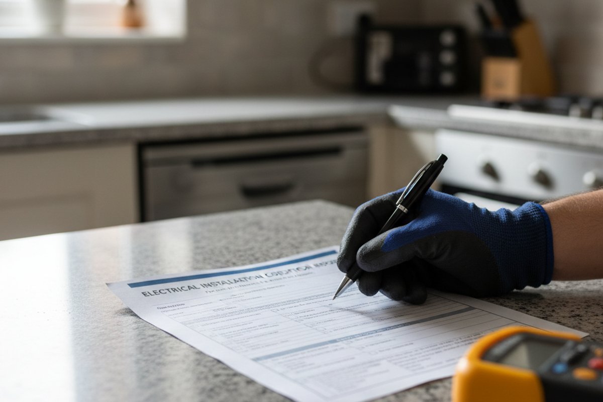 A printed UK EICR (Electrical Installation Condition Report) on A4 paper resting on a kitchen worktop in a UK rental pro