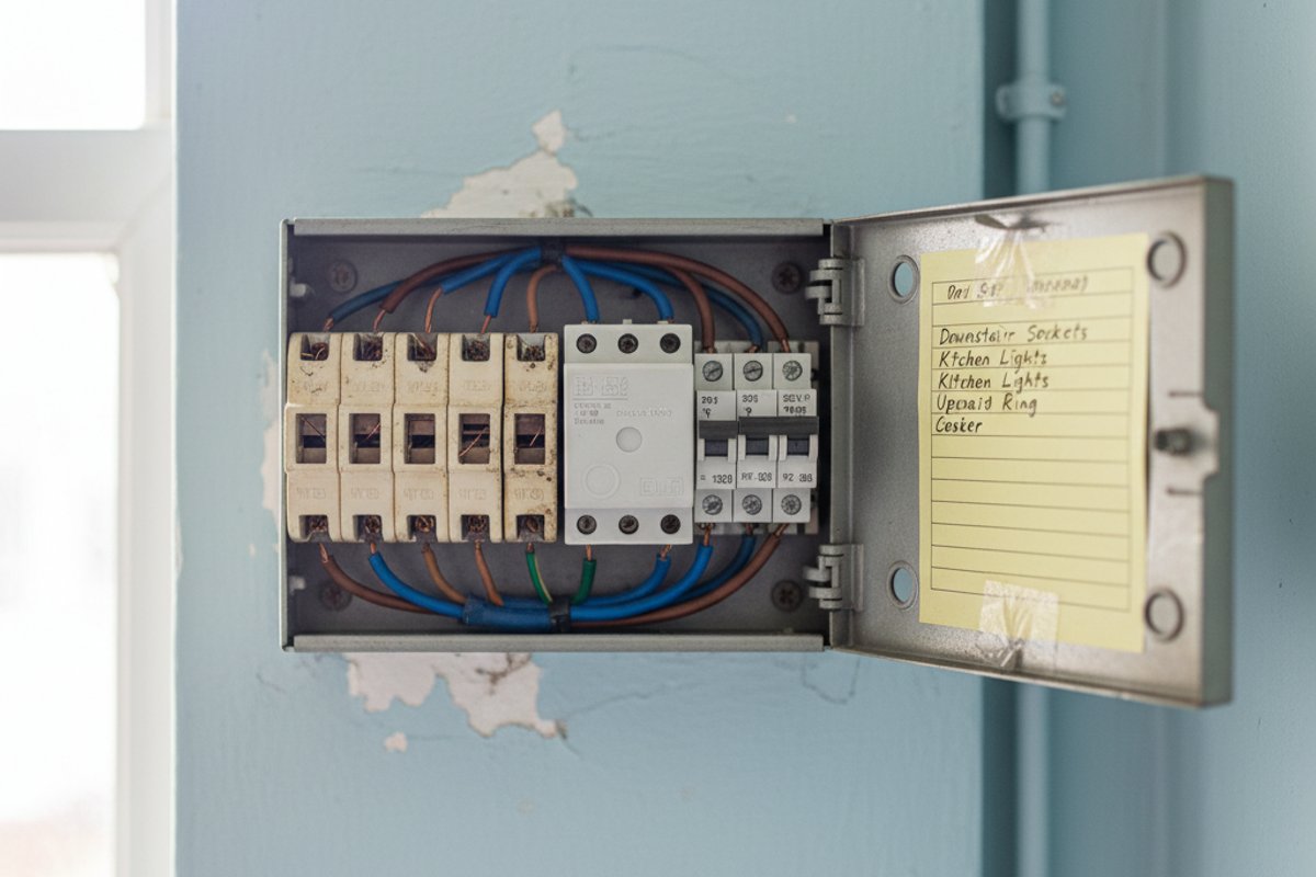Open consumer unit in a Liverpool terrace