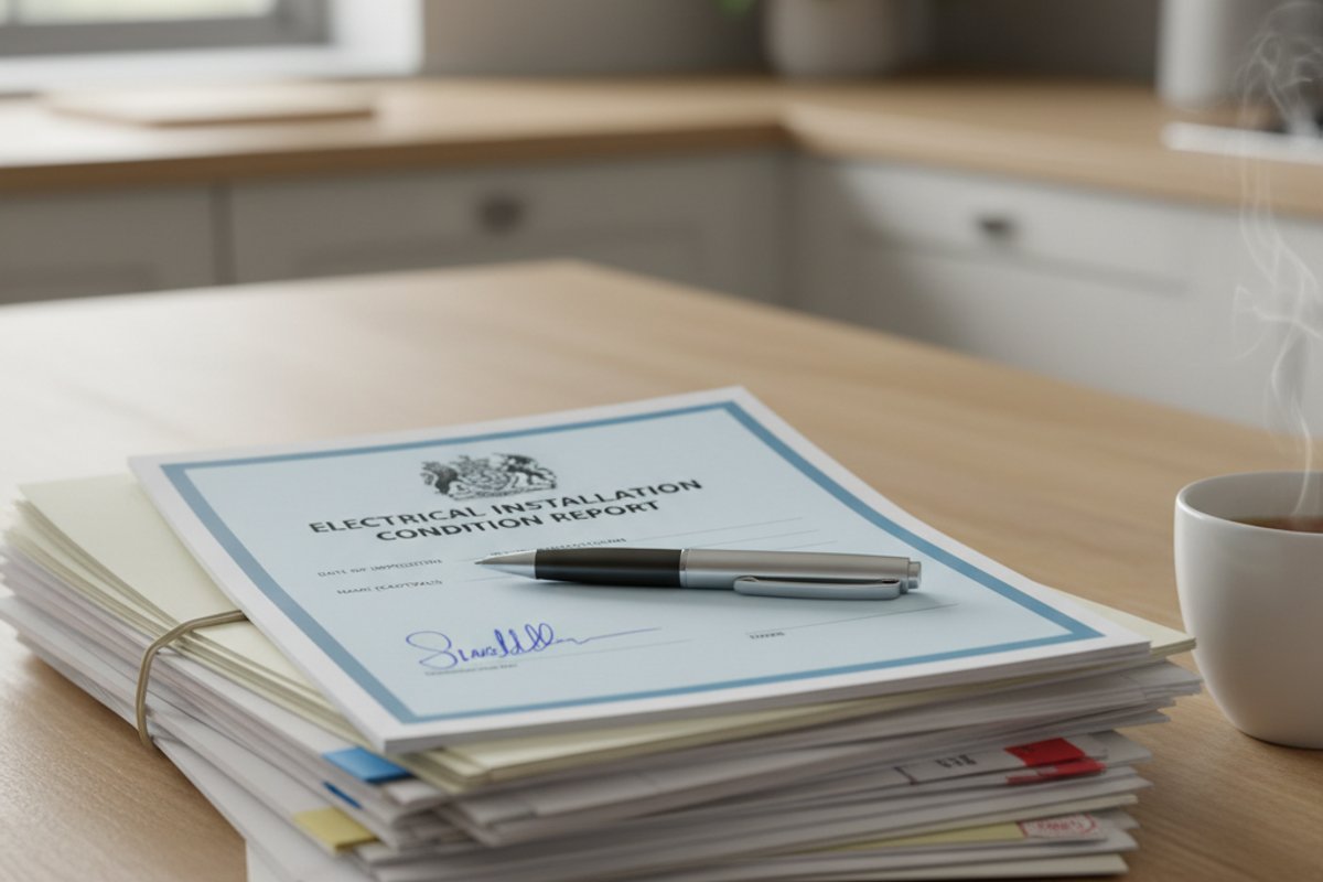 A signed UK EICR (Electrical Installation Condition Report) and a stack of property sale paperwork on a kitchen worktop,