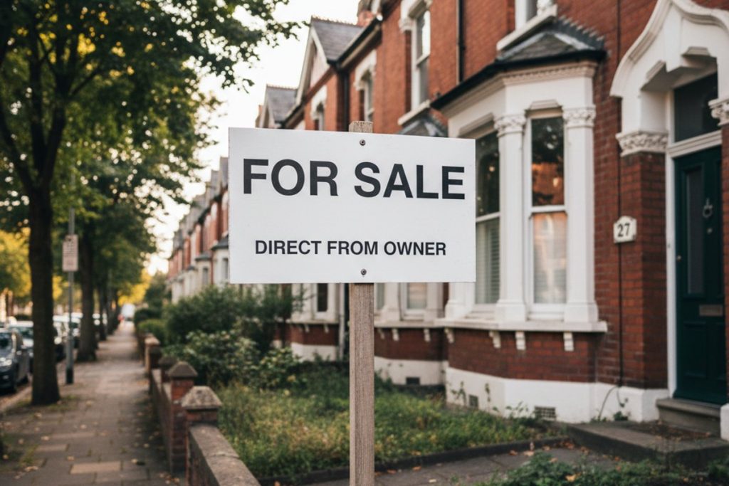 A "For Sale" sign on a small post outside a Liverpool Victorian terrace, neutral white sign on a wooden post, no agent b
