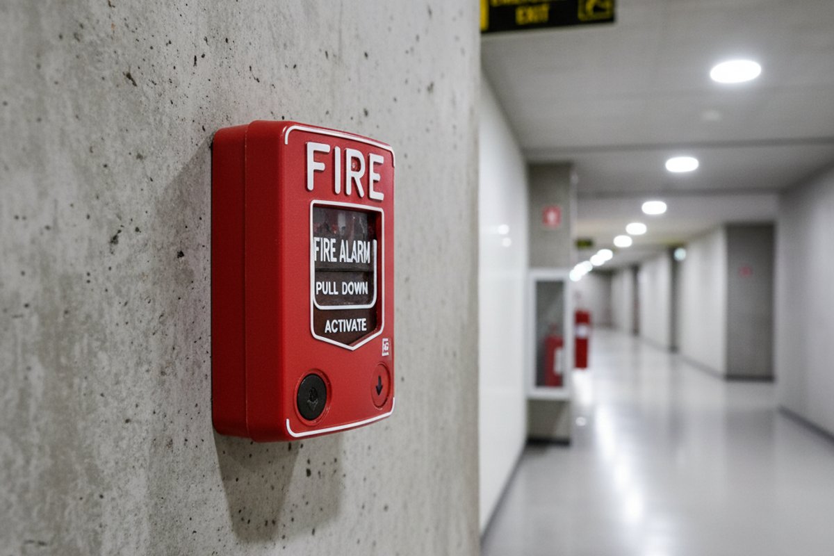 Red emergency fire alarm call point on a grey concrete wall