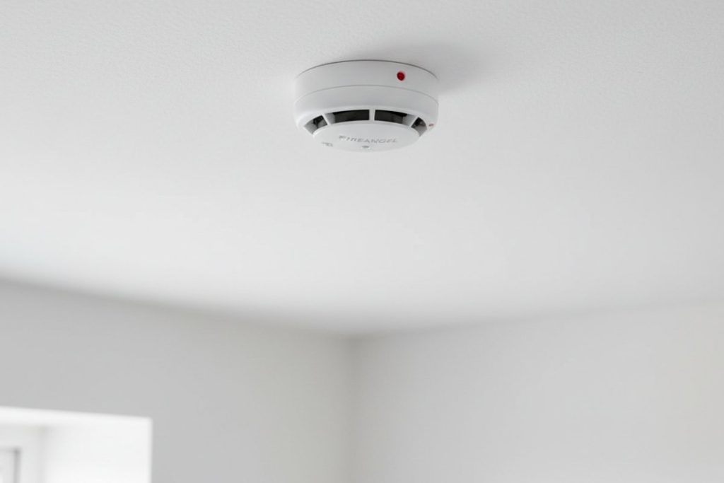 Mains-powered smoke alarm mounted on a white ceiling in a UK rental property