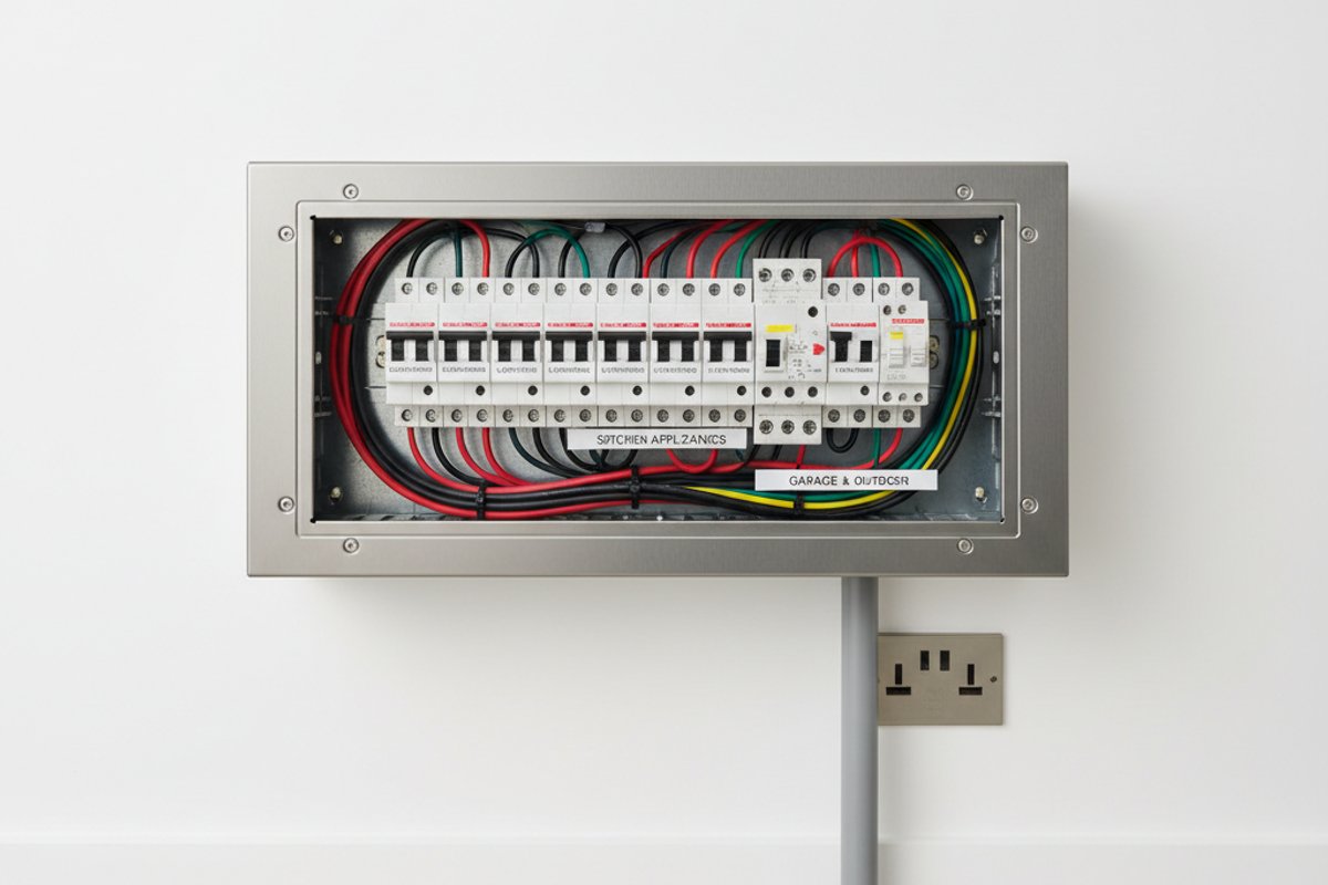 Modern metal consumer unit with colour-coded wiring and labelled RCBOs