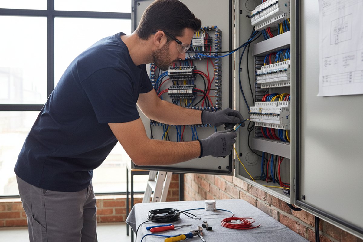 Electrician connecting wires in an electrical control panel during installation