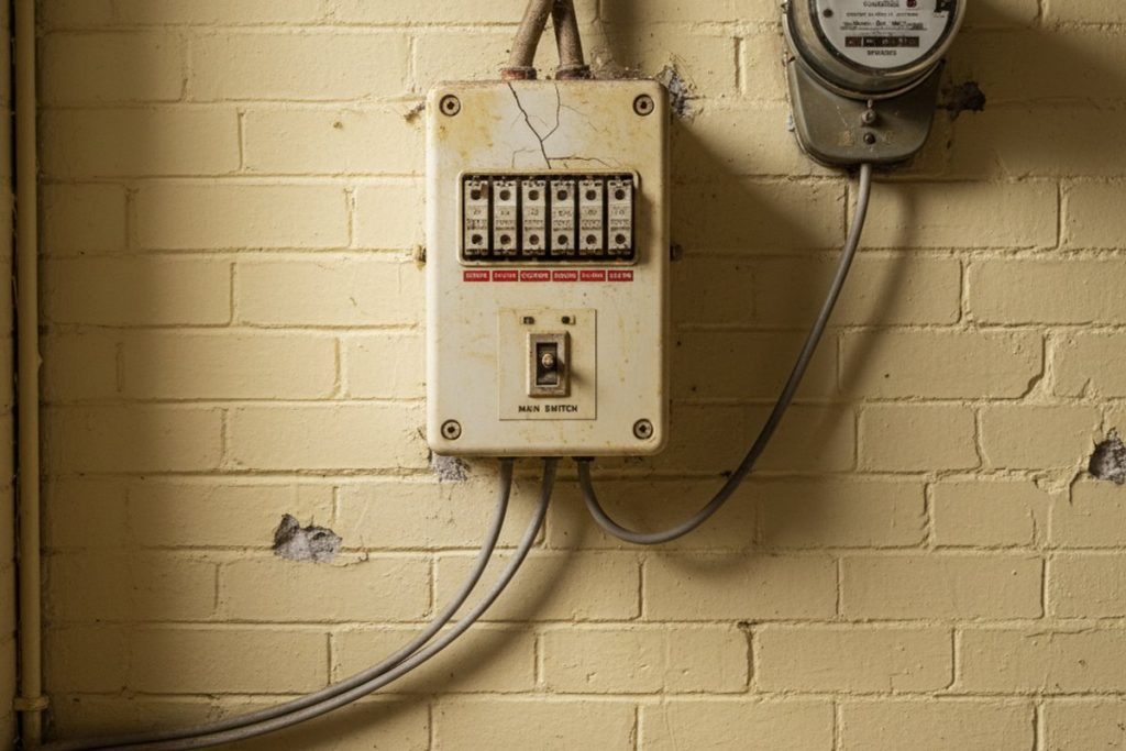 Old white plastic consumer unit with rewirable fuses on a UK home wall