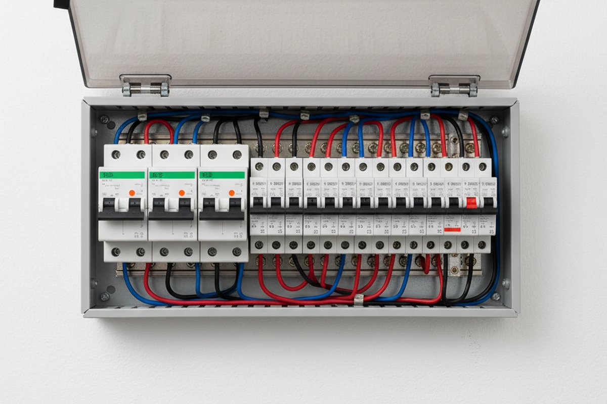 Circuit breakers and RCD devices in a consumer unit switchboard panel