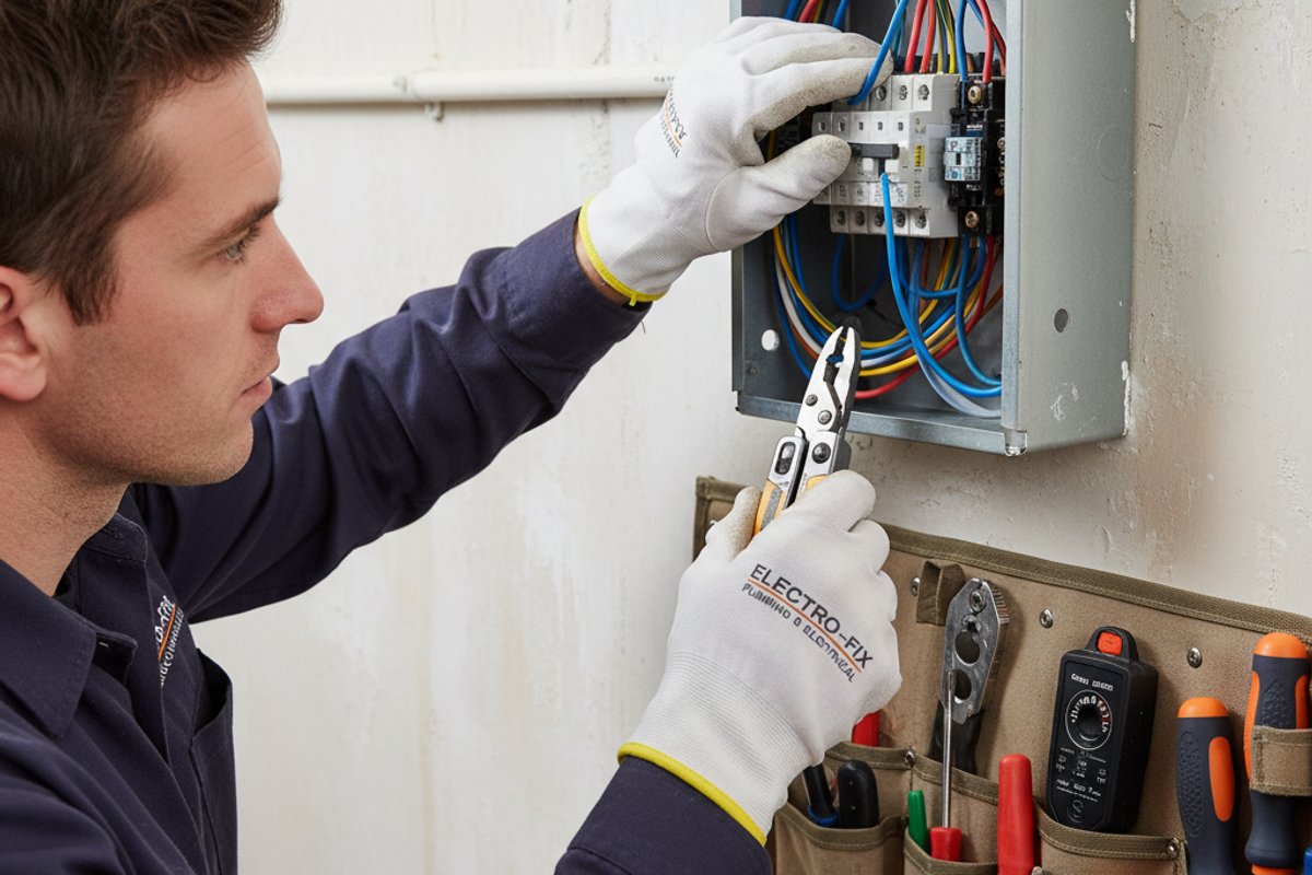 Electrician wiring and repairing components inside a consumer unit
