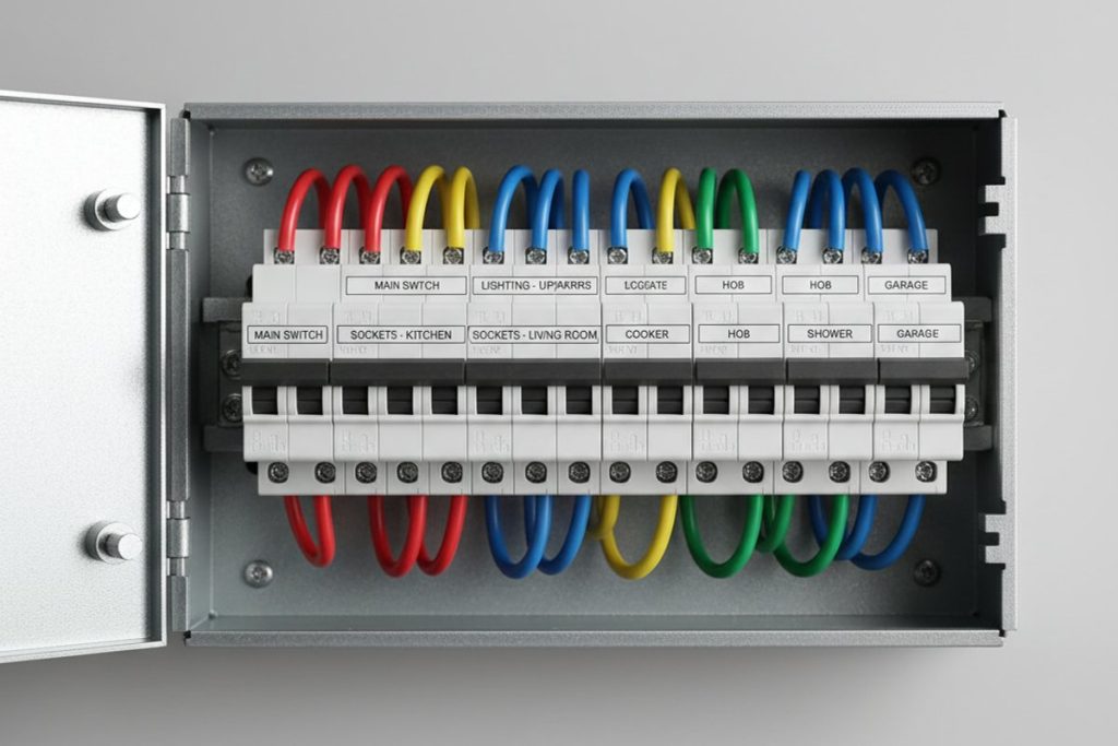 Modern consumer unit with colour-coded wiring and labelled RCBO devices