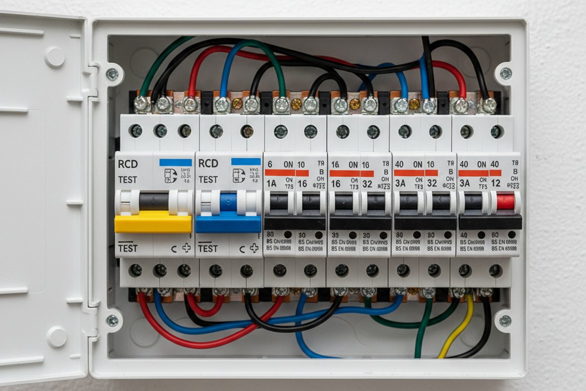 White UK domestic consumer unit showing RCD and MCB circuit breakers