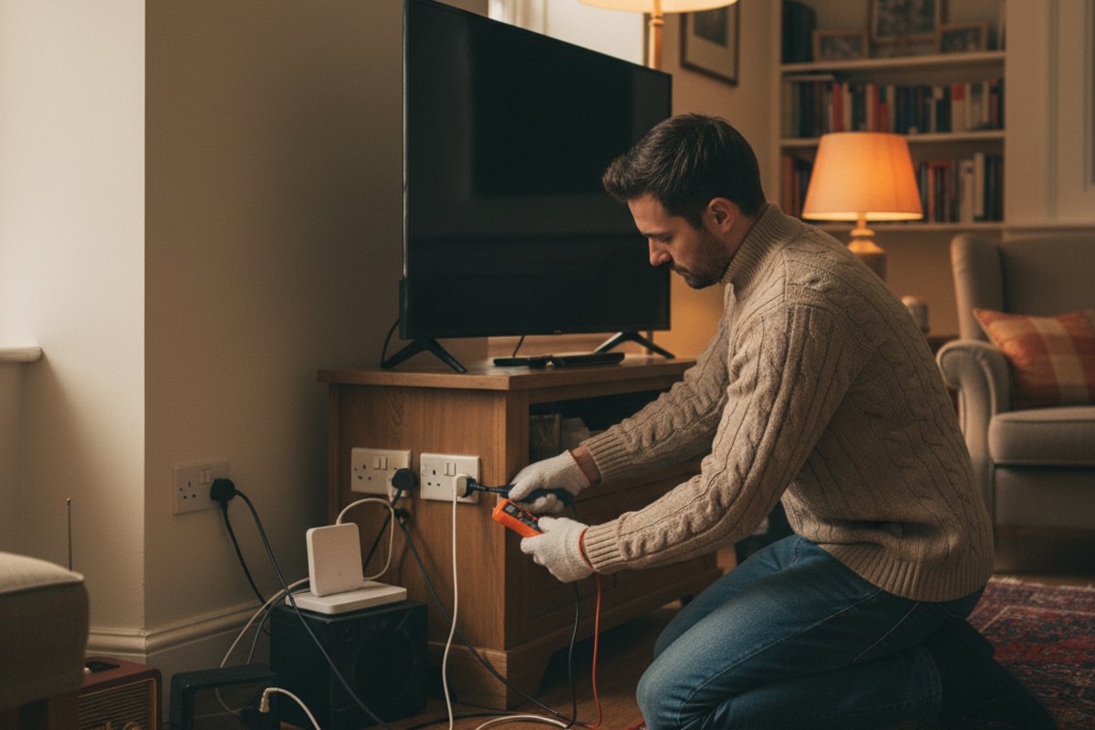 Person unplugging electrical appliances from UK wall sockets to find fault